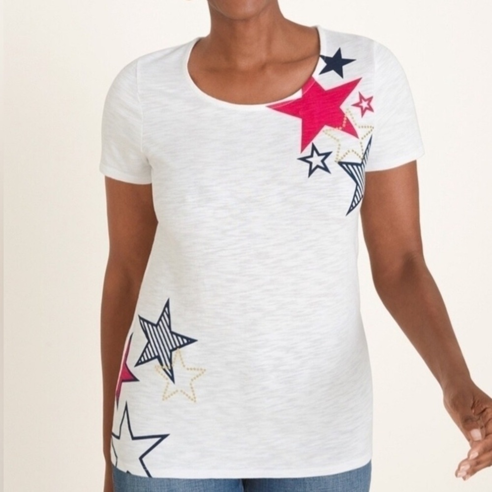 Chico’s White Patriotic Star Print Short Sleeve T-Shirt - M